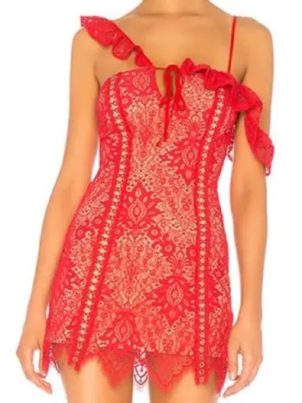 Majorelle, Revolve red lace, mini dress with peekaboo grommets